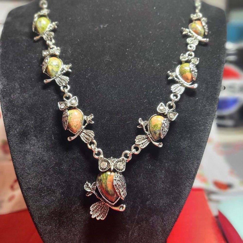 Natural Unakite Owl Statement Stainless Steel Necklace